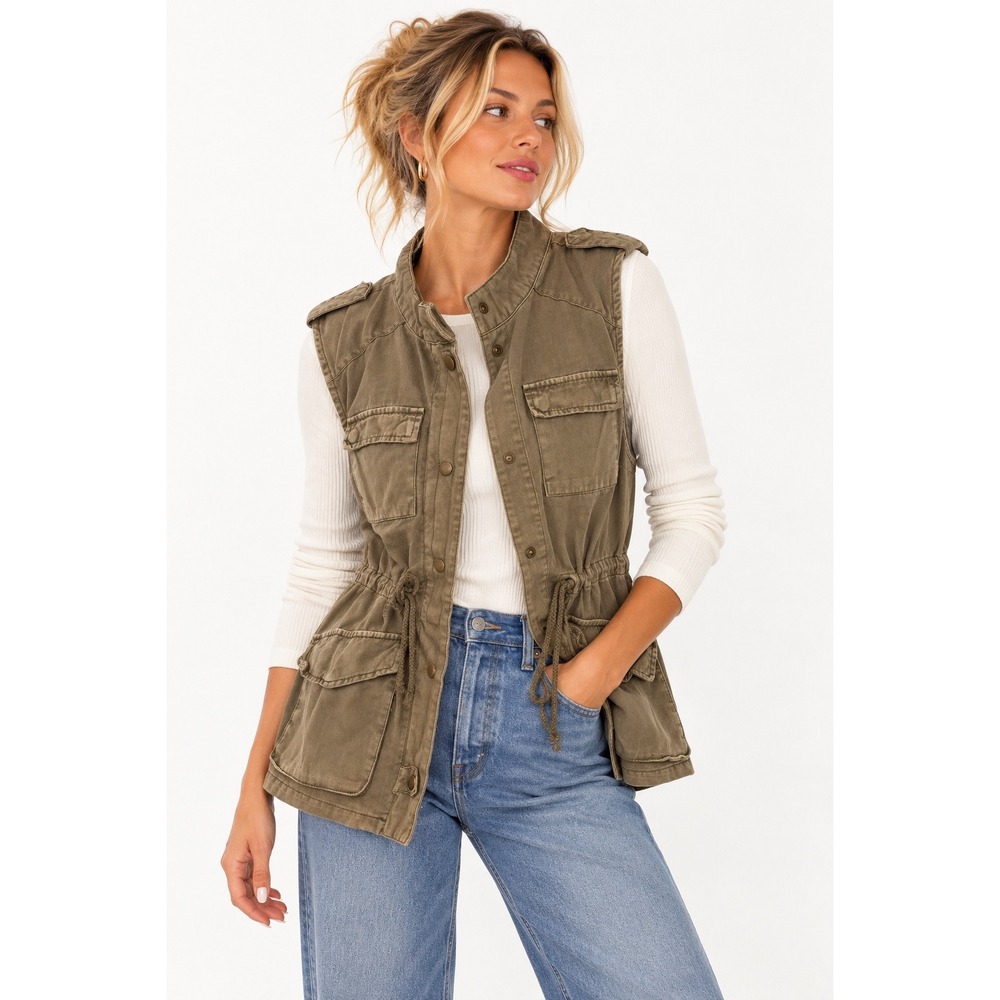 British Khaki Utility Vest Women Medium Green Cotton Drawstring Military Safari